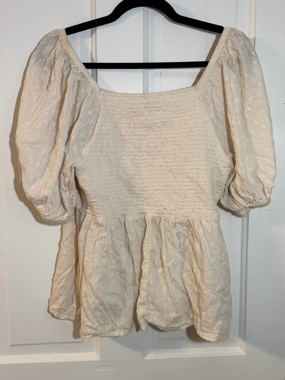 Cream Puff-Sleeve Peplum Top
